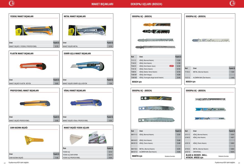 15 Kod T308 B AĞAÇ (Ekstra Temiz Kesim) 2.15 T118 A METAL (Normal Kesim) 1.38 T308 BF AĞAÇ (Sert Ahşap) 4.29 MAKET BIÇAĞI PLASTİK BÜYÜK 0.65 MAKET BIÇAĞI DEMİR UÇLU BÜYÜK 1.
