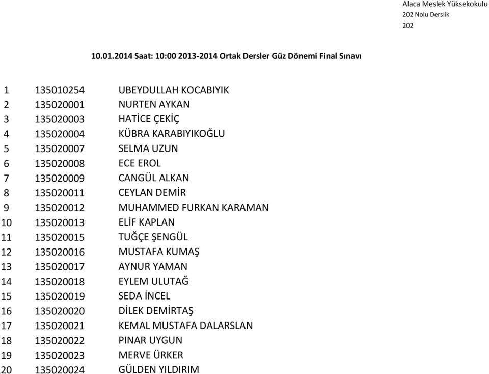 135020013 ELİF KAPLAN 11 135020015 TUĞÇE ŞENGÜL 12 135020016 MUSTAFA KUMAŞ 13 135020017 AYNUR YAMAN 14 135020018 EYLEM ULUTAĞ 15 135020019 SEDA