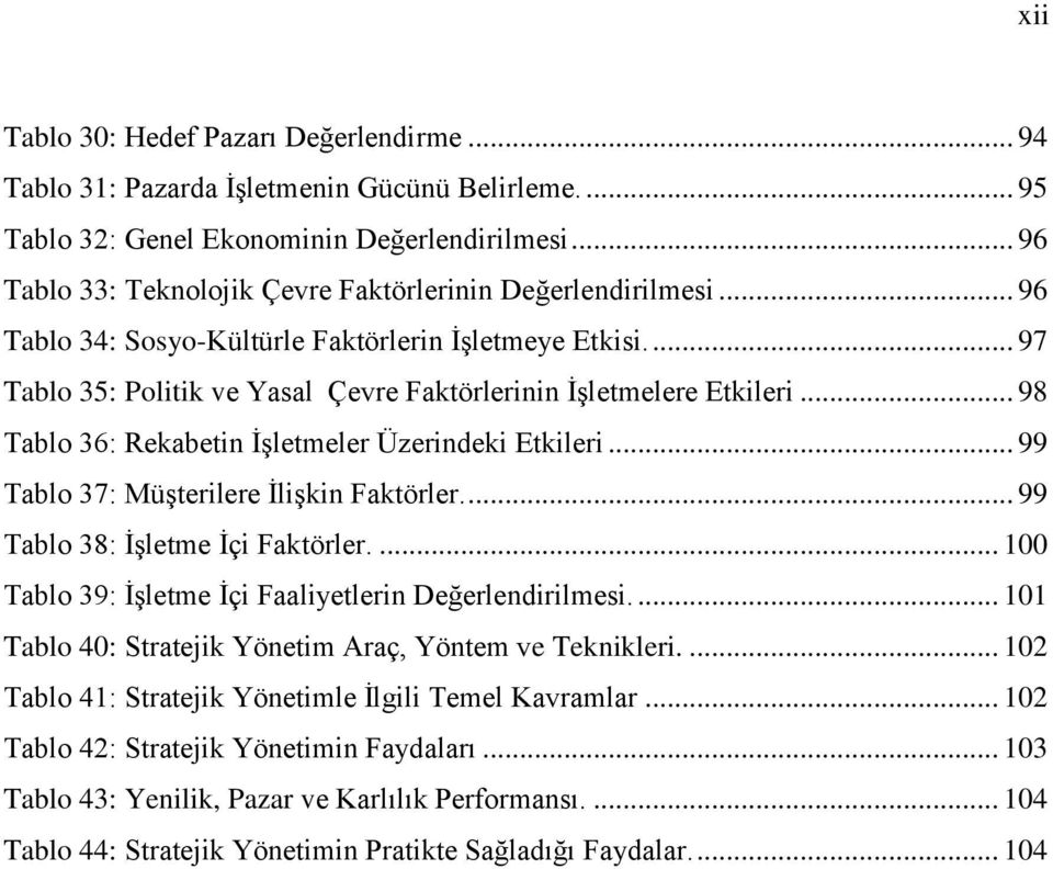 .. 98 Tablo 36: Rekabetin İşletmeler Üzerindeki Etkileri... 99 Tablo 37: Müşterilere İlişkin Faktörler.... 99 Tablo 38: İşletme İçi Faktörler.