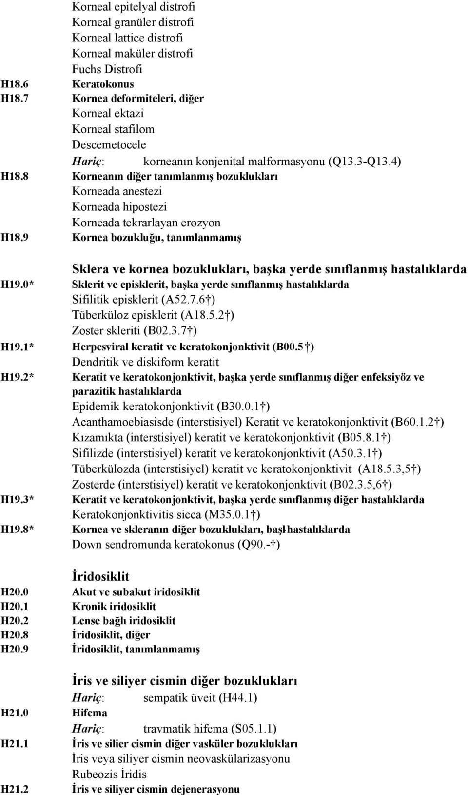 8 Korneanın diğer tanımlanmış bozuklukları Korneada anestezi Korneada hipostezi Korneada tekrarlayan erozyon H18.