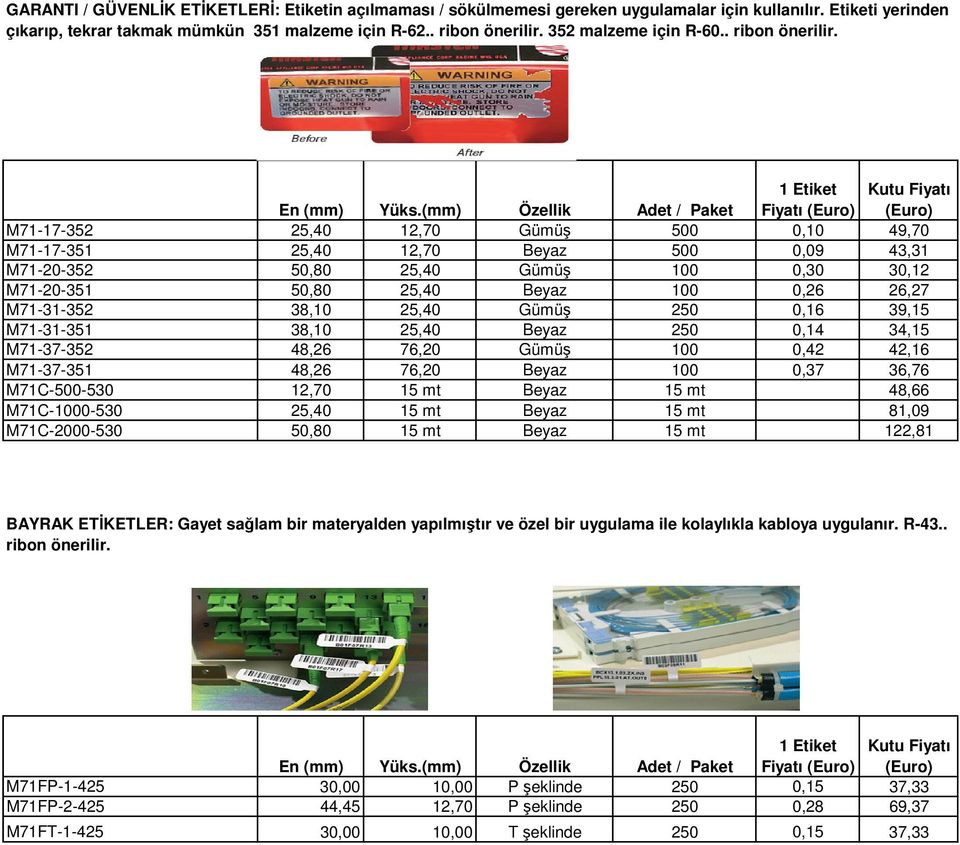 En (mm) (mm) Özellik Adet / Paket Fiyatı M71-17-352 25,40 12,70 Gümüş 500 0,10 49,70 M71-17-351 25,40 12,70 Beyaz 500 0,09 43,31 M71-20-352 50,80 25,40 Gümüş 100 0,30 30,12 M71-20-351 50,80 25,40