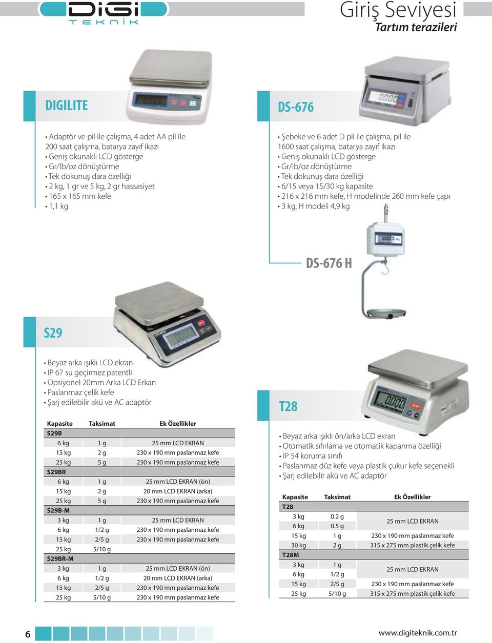 dönüştürme Tek dokunuş dara özelliği 6/15 veya 15/30 kg kapasite 216 x 216 mm kefe, H modelinde 260 mm kefe çapı 3 kg, H modeli 4,9 kg DS-676 H S29 Beyaz arka ışıklı LCD ekran IP 67 su geçirmez