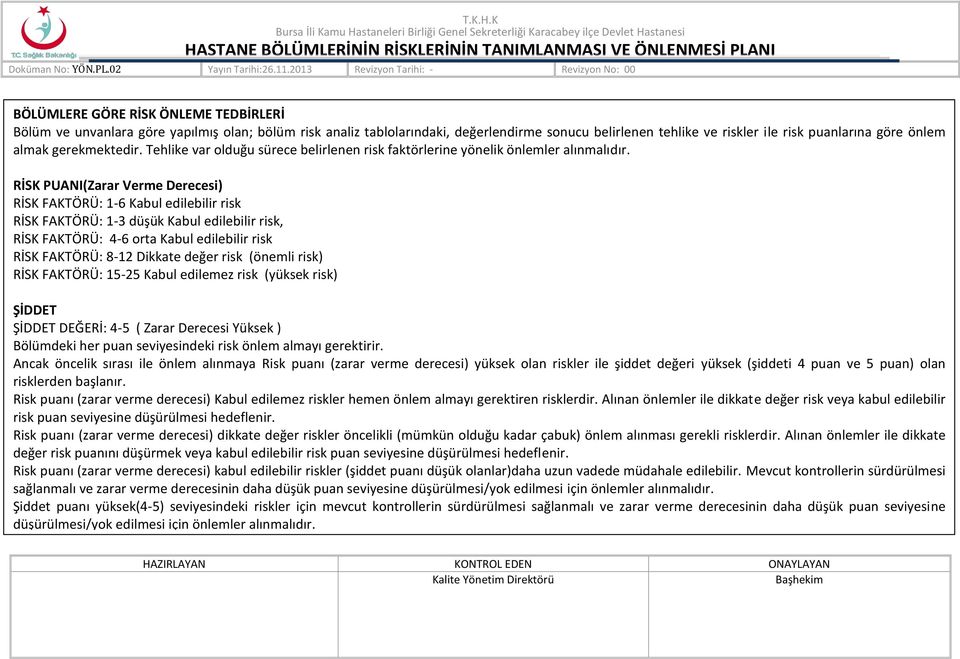 RİSK PUANI(Zarar Verme Derecesi) RİSK FAKTÖRÜ: 1-6 Kabul edilebilir risk RİSK FAKTÖRÜ: 1-3 düşük Kabul edilebilir risk, RİSK FAKTÖRÜ: 4-6 orta Kabul edilebilir risk RİSK FAKTÖRÜ: 8-12 Dikkate değer