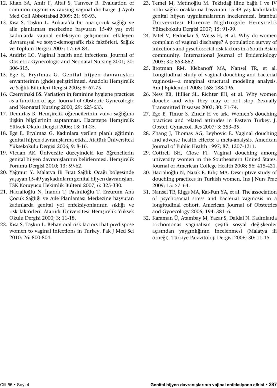 Sağlık ve Toplum Dergisi 2007; 17: 69-84. 14. Andrist LC. Vaginal health and infections. Journal of Obstetric Gynecologic and Neonatal Nursing 2001; 30: 306-315. 15. Ege E, Eryılmaz G.