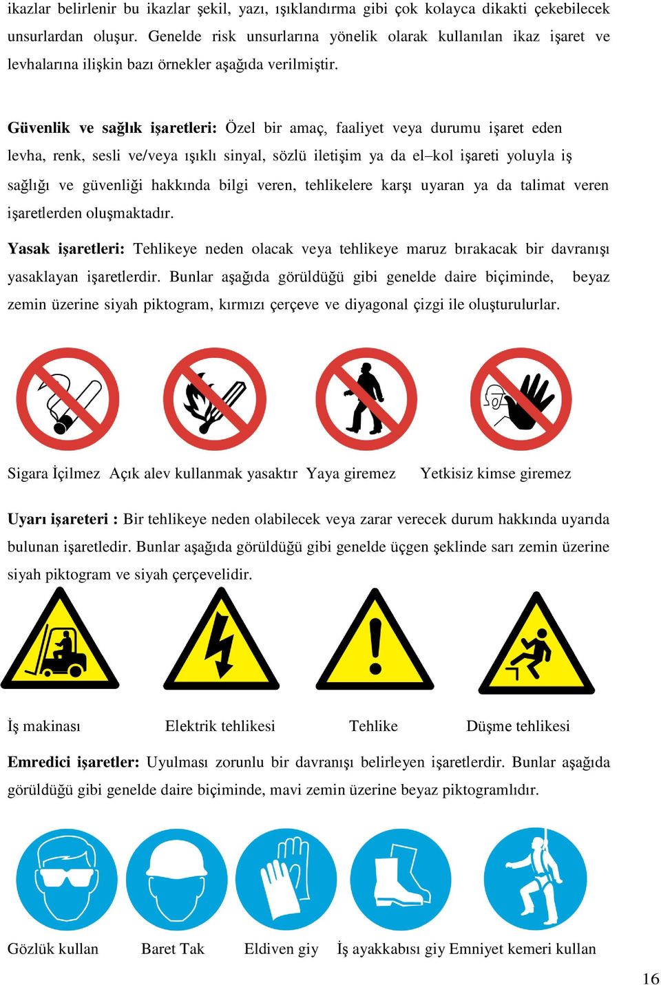 Güvenlik ve sağlık iģaretleri: Özel bir amaç, faaliyet veya durumu iģaret eden levha, renk, sesli ve/veya ıģıklı sinyal, sözlü iletiģim ya da el kol iģareti yoluyla iģ sağlığı ve güvenliği hakkında