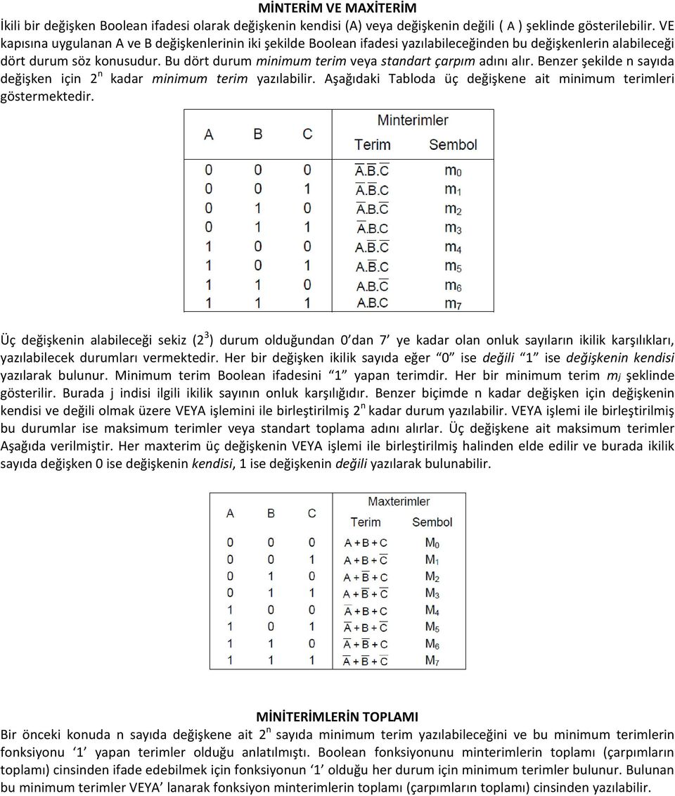 Bu dört durum minimum terim veya standart çarpım adını alır. Benzer şekilde n sayıda değişken için 2 n kadar minimum terim yazılabilir.