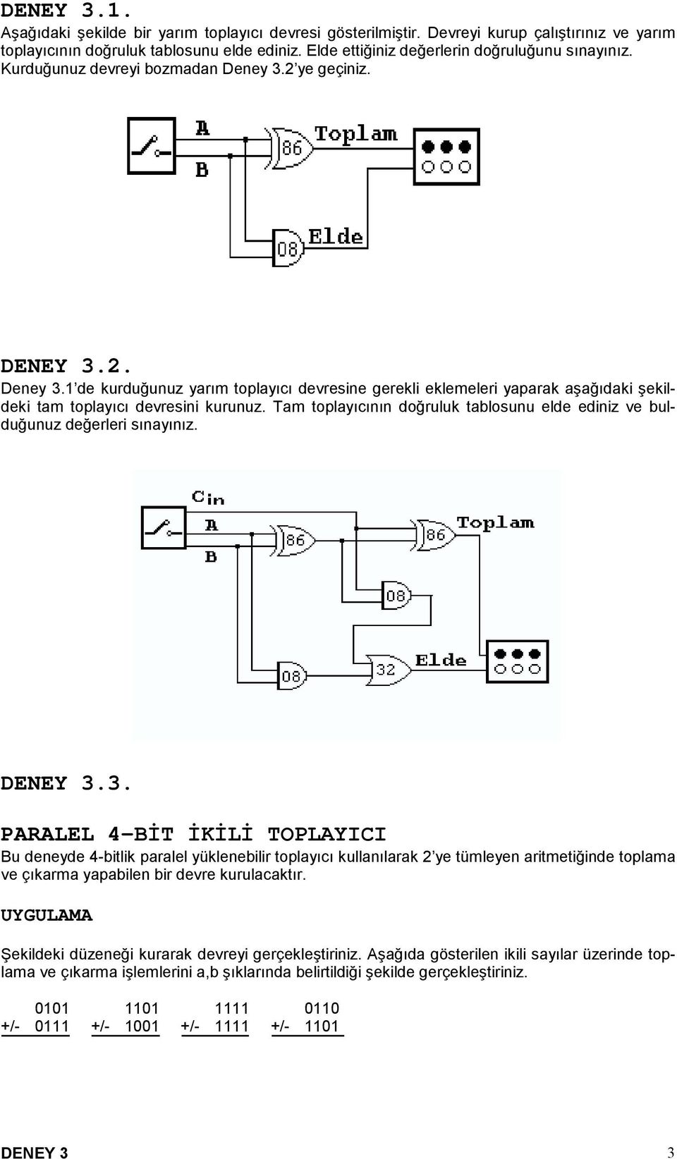 2 ye geçiniz. DENEY 3.2. Deney 3.1 de kurduğunuz yarım toplayıcı devresine gerekli eklemeleri yaparak aşağıdaki şekildeki tam toplayıcı devresini kurunuz.