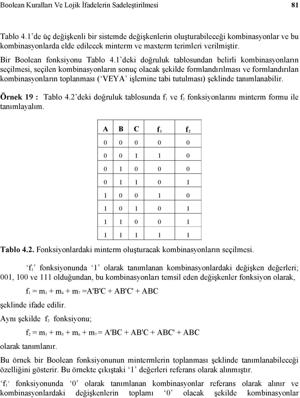 1 deki doğruluk tablosundan belirli kombinasyonların seçilmesi, seçilen kombinasyonların sonuç olacak şekilde formlandırılması ve formlandırılan kombinasyonların toplanması ( VEY işlemine tabi