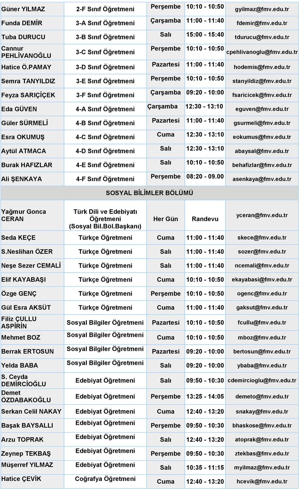 Sınıf 4-E Sınıf 4-F Sınıf Salı 15:00-15:40 tdurucu@fmv.edu.tr Perşembe 10:10-10:50 cpehlivanoglu@fmv.edu.tr Pazartesi 11:00-11:40 hodemis@fmv.edu.tr Perşembe 10:10-10:50 stanyildiz@fmv.edu.tr Çarşamba 09:20-10:00 fsaricicek@fmv.