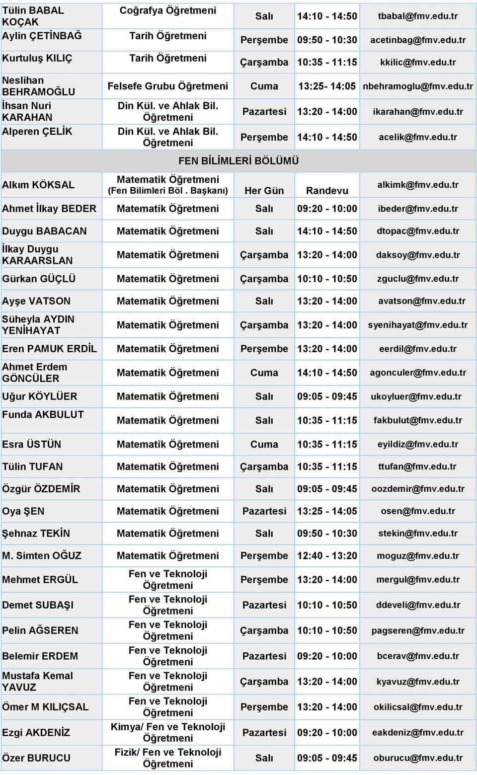 Din Kül. ve Ahlak Bil. FEN BİLİMLERİ BÖLÜMÜ Pazartesi 13:20-14:00 ikarahan@fmv.edu.tr Perşembe 14:10-14:50 Matematik (Fen Bilimleri Böl. Başkanı) Her Gün Randevu acelik@fmv.edu.tr alkimk@fmv.edu.tr Ahmet İlkay BEDER Matematik Salı 09:20-10:00 ibeder@fmv.