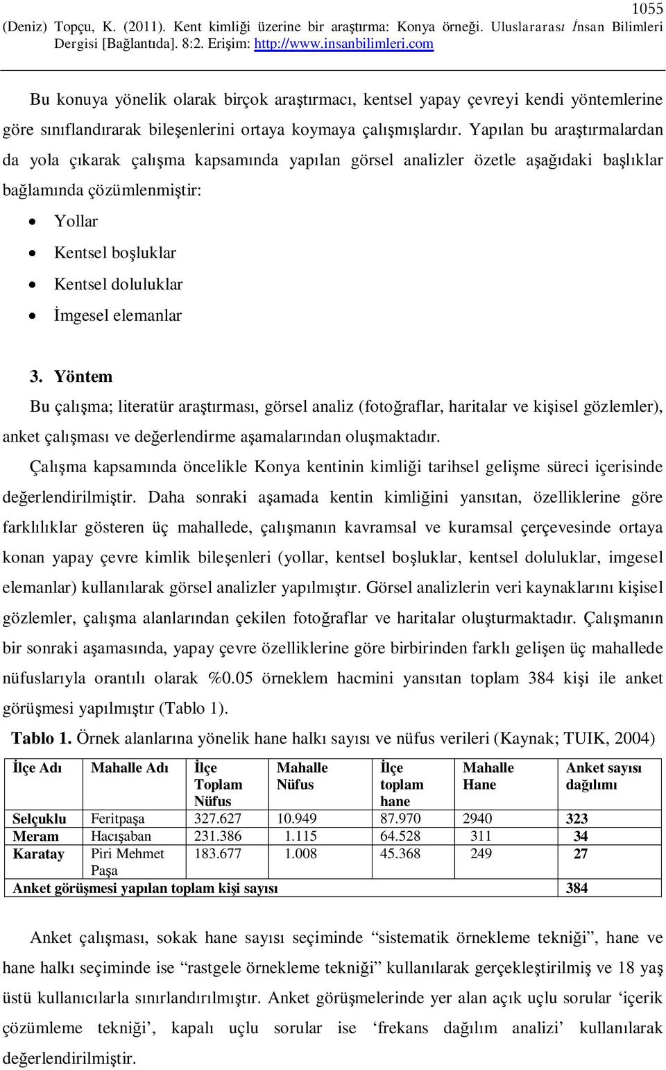 elemanlar 3. Yöntem Bu çalışma; literatür araştırması, görsel analiz (fotoğraflar, haritalar ve kişisel gözlemler), anket çalışması ve değerlendirme aşamalarından oluşmaktadır.