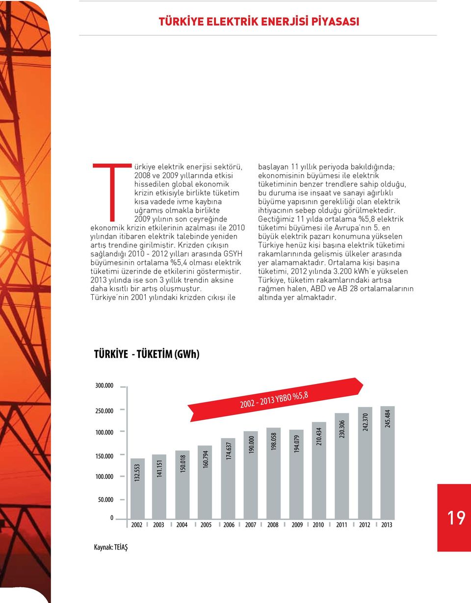 Krizden çıkışın sağlandığı 2010-2012 yılları arasında GSYH büyümesinin ortalama %5,4 olması elektrik tüketimi üzerinde de etkilerini göstermiştir.