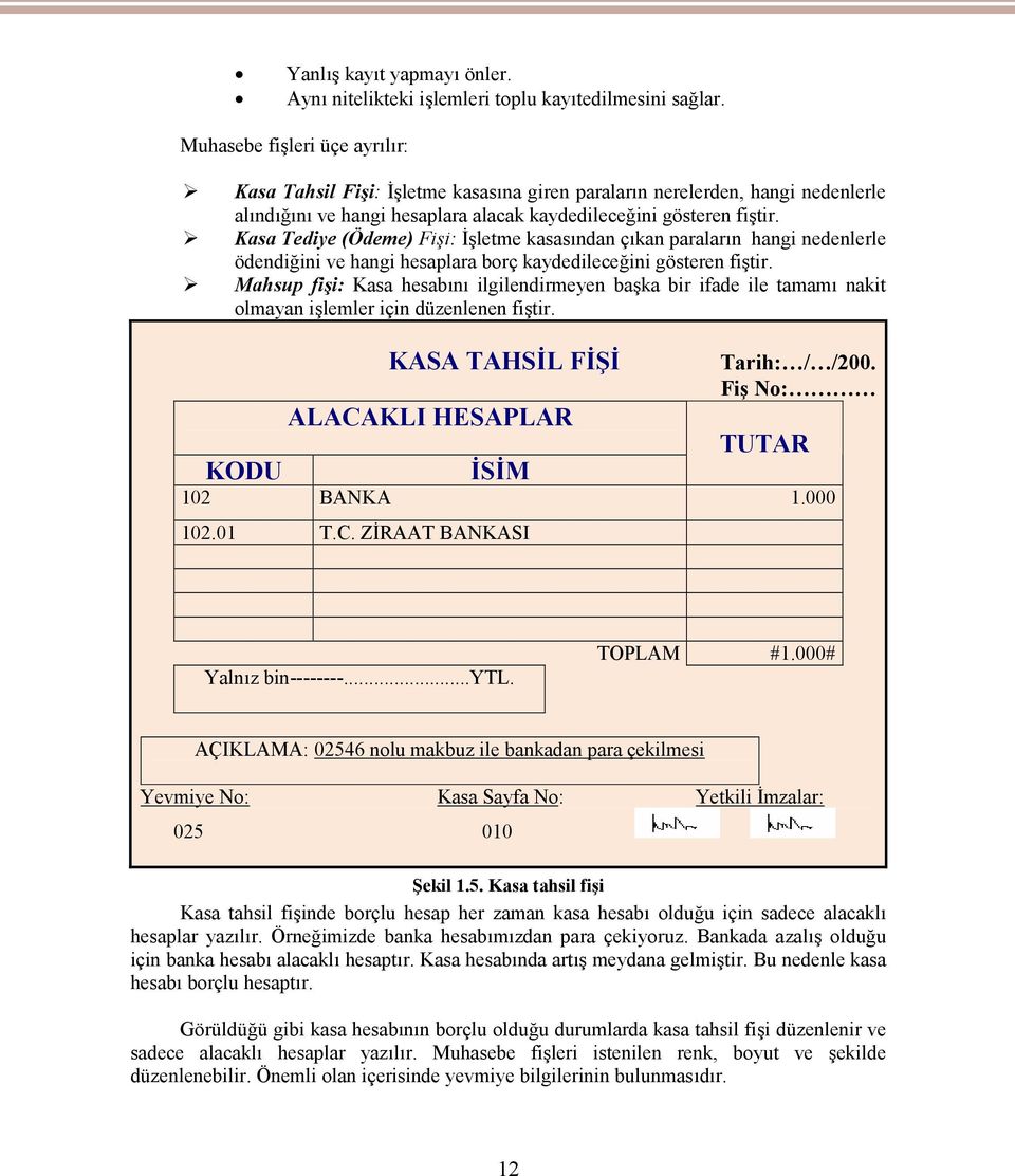 Kasa Tediye (Ödeme) Fişi: İşletme kasasından çıkan paraların hangi nedenlerle ödendiğini ve hangi hesaplara borç kaydedileceğini gösteren fiştir.