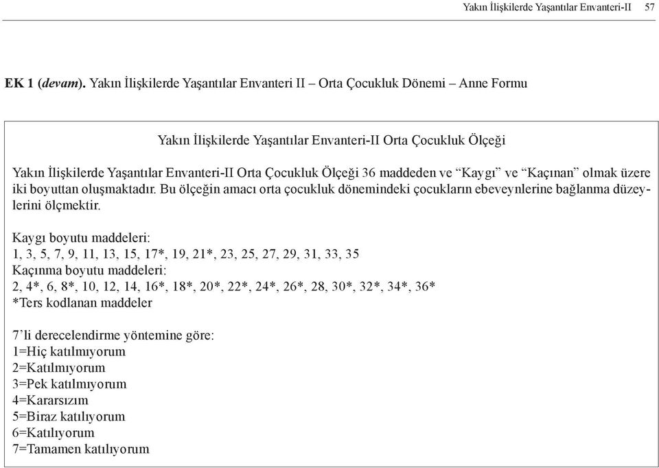 36 maddeden ve Kaygı ve Kaçınan olmak üzere iki boyuttan oluşmaktadır. Bu ölçeğin amacı orta çocukluk dönemindeki çocukların ebeveynlerine bağlanma düzeylerini ölçmektir.