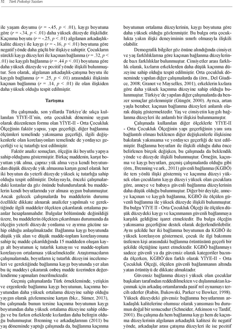 01) ise kaygılı bağlanma (r =.44 p <.01) boyutuna göre daha yüksek düzeyde ve pozitif yönde ilişkili bulunmuştur. Son olarak, algılanan arkadaşlık-çatışma boyutu ile kaygılı bağlanma (r =.25, p <.