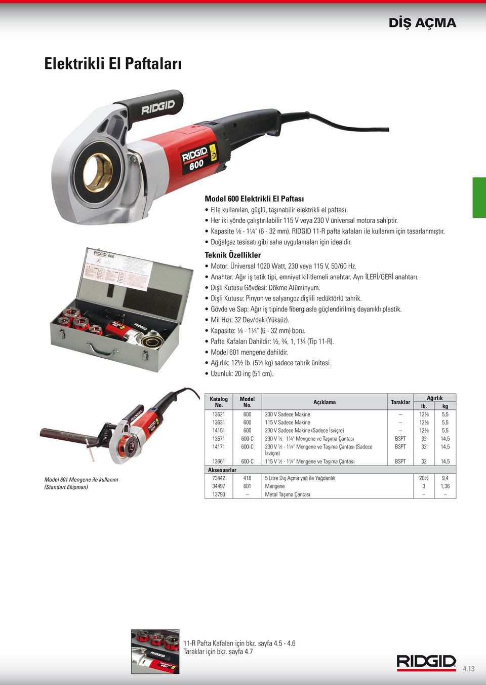 Teknik Özellikler Motor: Üniversal 020 Watt, 230 veya 5 V, 50/60 Hz. Anahtar: Ağır iş tetik tipi, emniyet kilitlemeli anahtar. Ayrı İLERİ/GERİ anahtarı. Dişli Kutusu Gövdesi: Dökme Alüminyum.