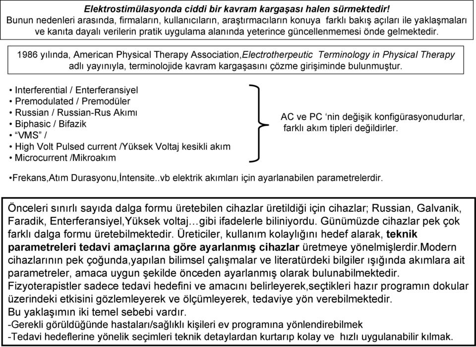 gelmektedir. 1986 yılında, American Physical Therapy Association,Electrotherpeutic Terminology in Physical Therapy adlı yayınıyla, terminolojide kavram kargaşasını çözme girişiminde bulunmuştur.