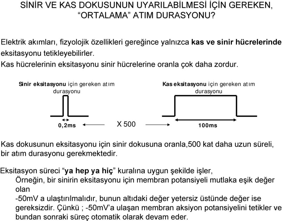 Sinir eksitasyonu için gereken atım durasyonu Kas eksitasyonu için gereken atım durasyonu 0,2ms X 500 100ms Kas dokusunun eksitasyonu için sinir dokusuna oranla,500 kat daha uzun süreli, bir atım