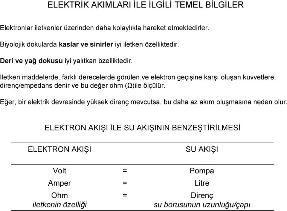 İletken maddelerde, farklı derecelerde görülen ve elektron geçişine karşı oluşan kuvvetlere, direnç/empedans denir ve bu değer ohm (Ω)ile ölçülür.