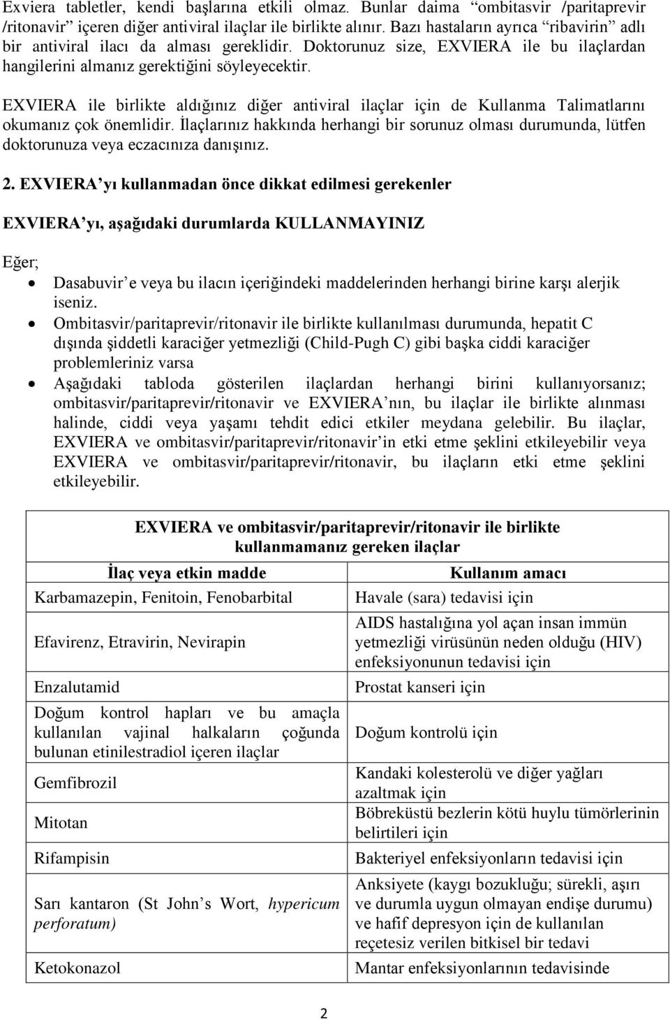 EXVIERA ile birlikte aldığınız diğer antiviral ilaçlar için de Kullanma Talimatlarını okumanız çok önemlidir.