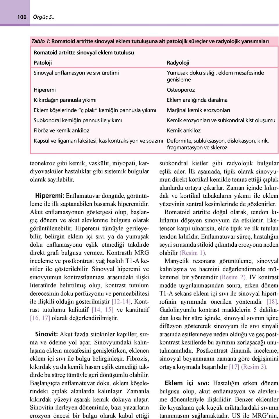 Hiperemi Kıkırdağın pannusla yıkımı Eklem köşelerinde çıplak kemiğin pannusla yıkımı Subkondral kemiğin pannus ile yıkımı Fibröz ve kemik ankiloz Radyoloji Yumuşak doku şişliği, eklem mesafesinde