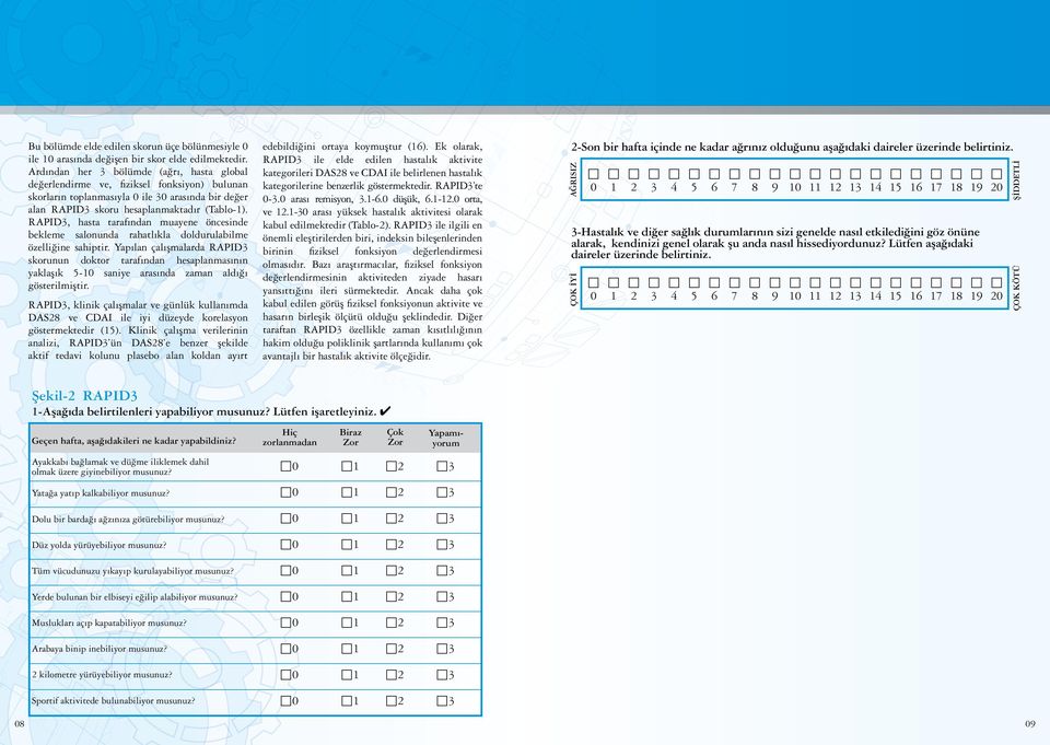 Ardından her 3 bölümde (ağrı, hasta global değerlendirme ve, fiziksel fonksiyon) bulunan skorların toplanmasıyla 0 ile 30 arasında bir değer alan RAPID3 skoru hesaplanmaktadır (Tablo-1).