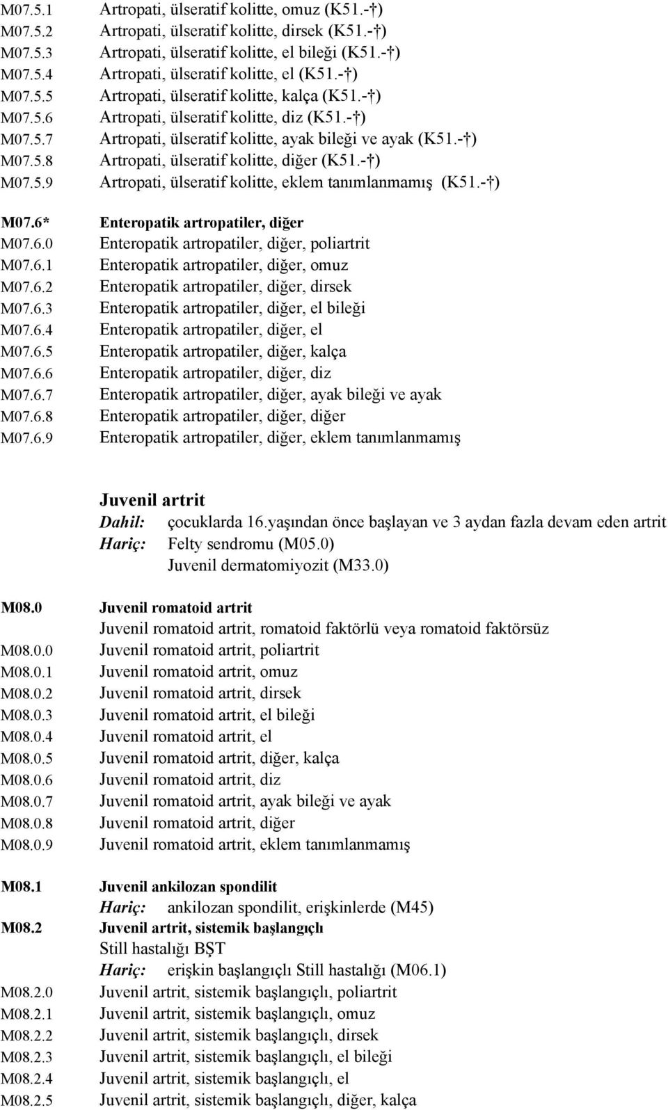 - ) Artropati, ülseratif kolitte, diz (K51.- ) Artropati, ülseratif kolitte, ayak bileği ve ayak (K51.- ) Artropati, ülseratif kolitte, diğer (K51.