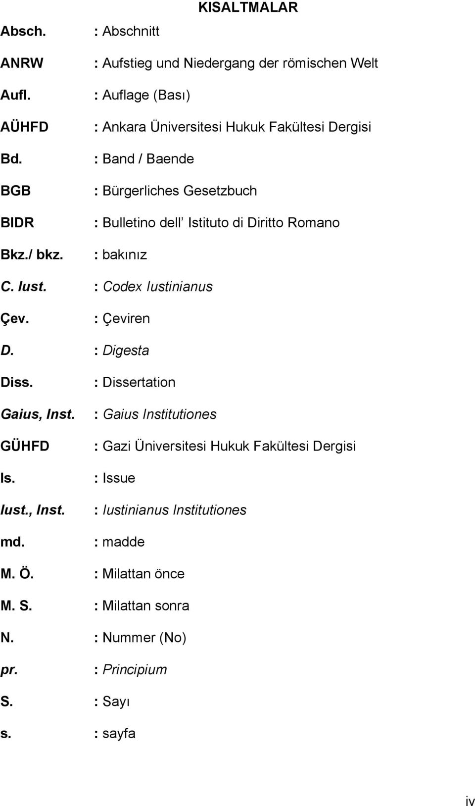 Bulletino dell Istituto di Diritto Romano : bakınız C. Iust. : Codex Iustinianus Çev. : Çeviren D. : Digesta Diss. Gaius, Inst. GÜHFD Is. Iust., Inst. md.