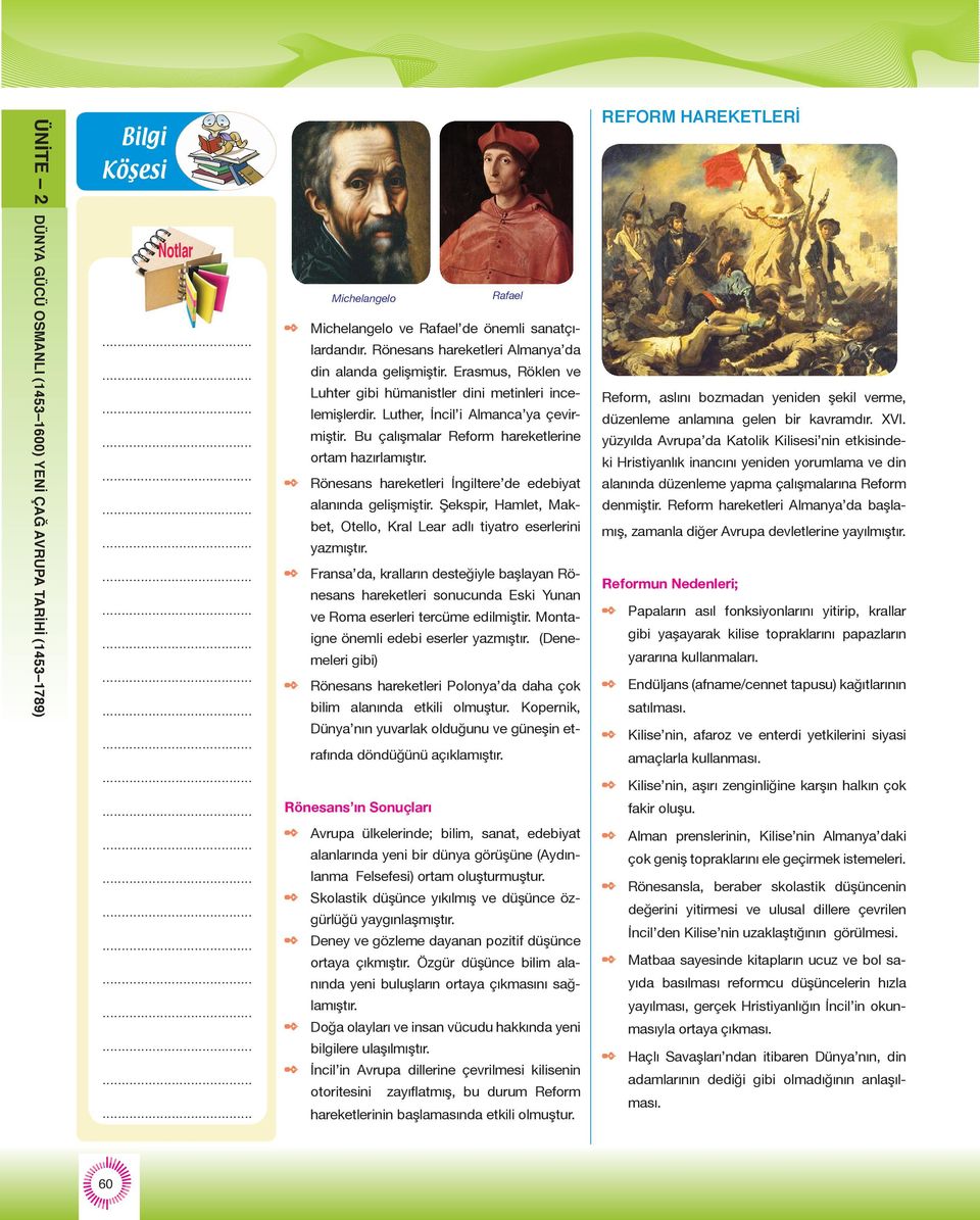 Bu çalışmalar Reform hareketlerine ortam hazırlamıştır. Rönesans hareketleri İngiltere de edebiyat alanında gelişmiştir. Şekspir, Hamlet, Makbet, Otello, Kral Lear adlı tiyatro eserlerini yazmıştır.