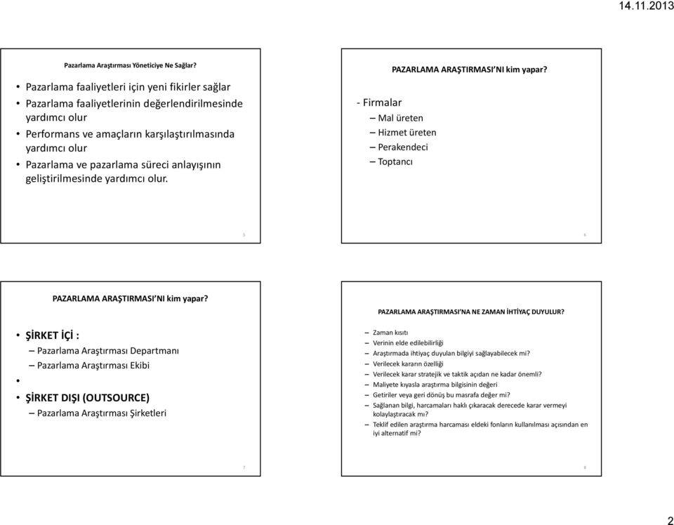 anlayışının geliştirilmesinde yardımcı olur. - Firmalar PAZARLAMA ARAŞTIRMASI NI kim yapar? Mal üreten Hizmet üreten Perakendeci Toptancı 5 6 PAZARLAMA ARAŞTIRMASI NI kim yapar?