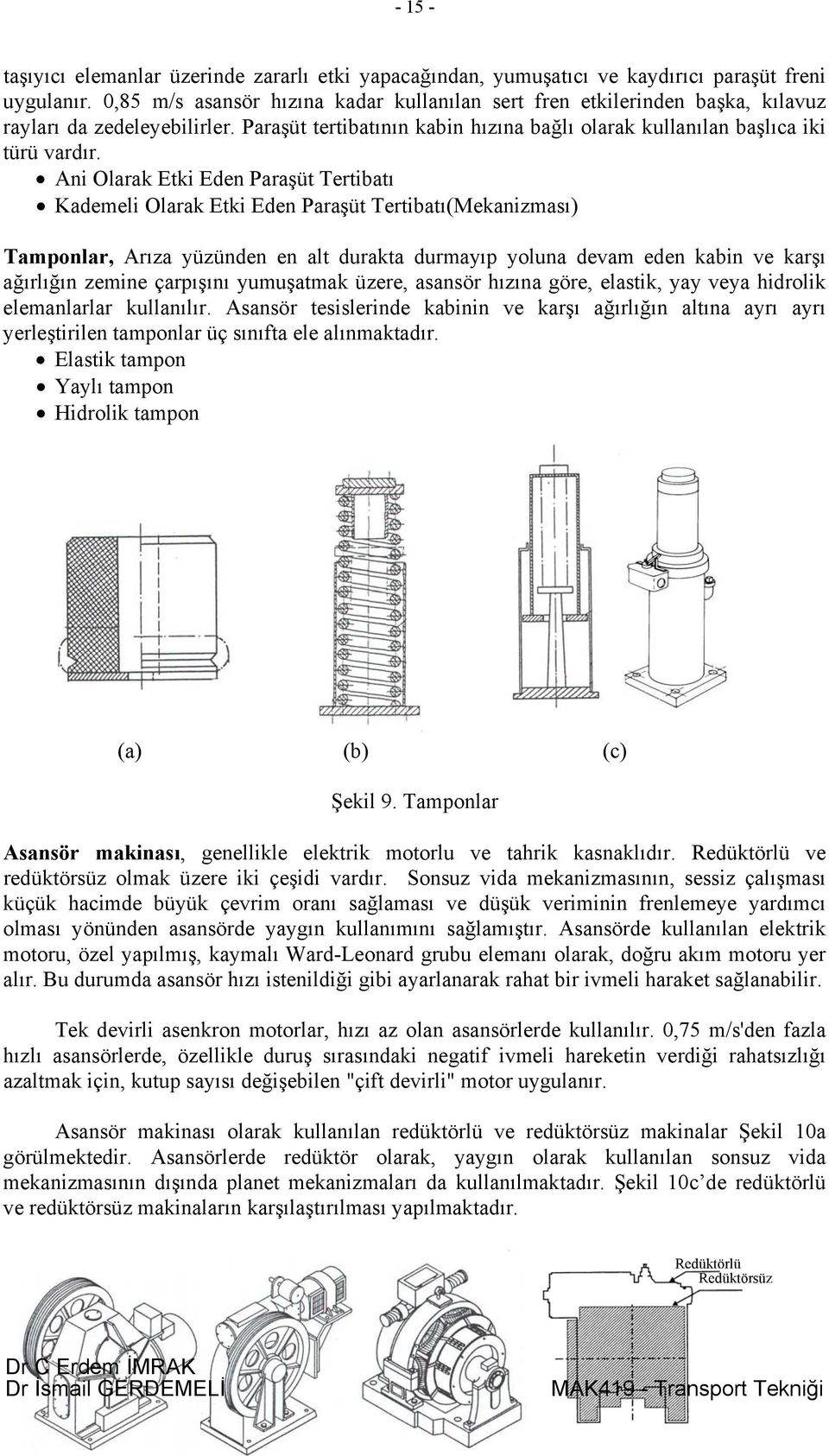 Ani Olarak Etki Eden Paraşüt Tertibatı Kademeli Olarak Etki Eden Paraşüt Tertibatı(Mekanizması) Tamponlar, Arıza yüzünden en alt durakta durmayıp yoluna devam eden kabin ve karşı ağırlığın zemine