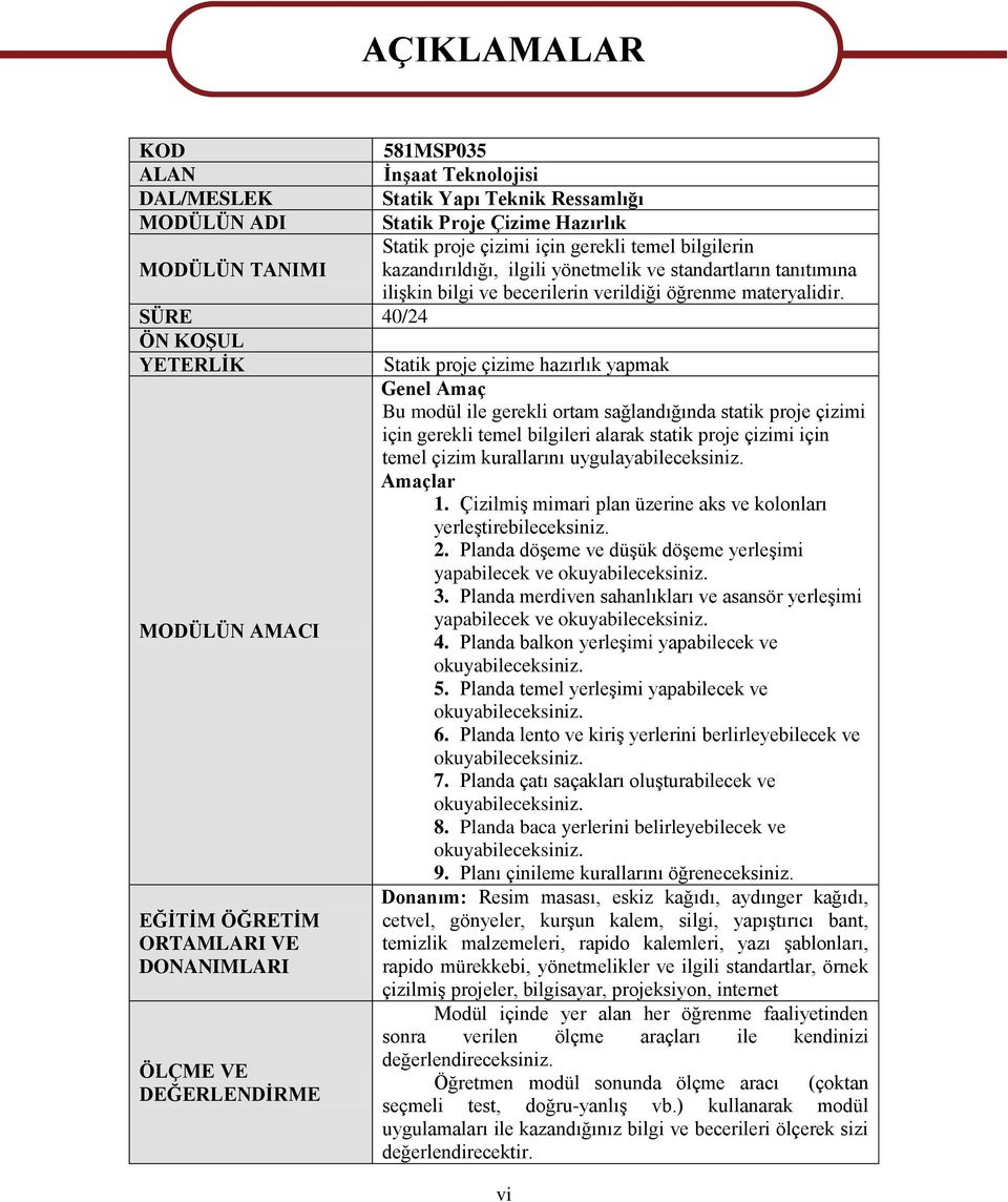 SÜRE 40/24 ÖN KOġUL YETERLĠK Statik proje çizime hazırlık yapmak Genel Amaç Bu modül ile gerekli ortam sağlandığında statik proje çizimi için gerekli temel bilgileri alarak statik proje çizimi için