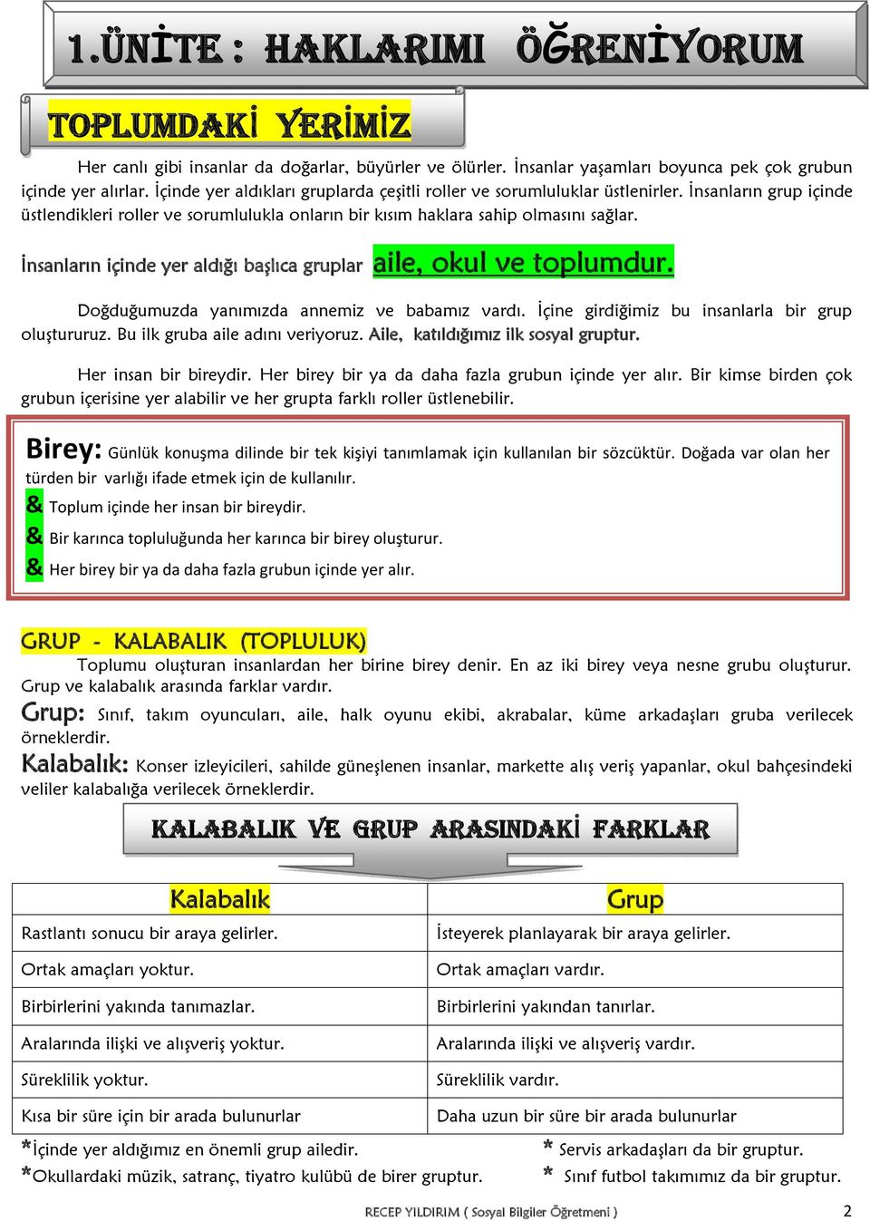 İnsanların içinde yer aldığı başlıca gruplar aile, okul ve toplumdur. Doğduğumuzda yanımızda annemiz ve babamız vardı. İçine girdiğimiz bu insanlarla bir grup oluştururuz.