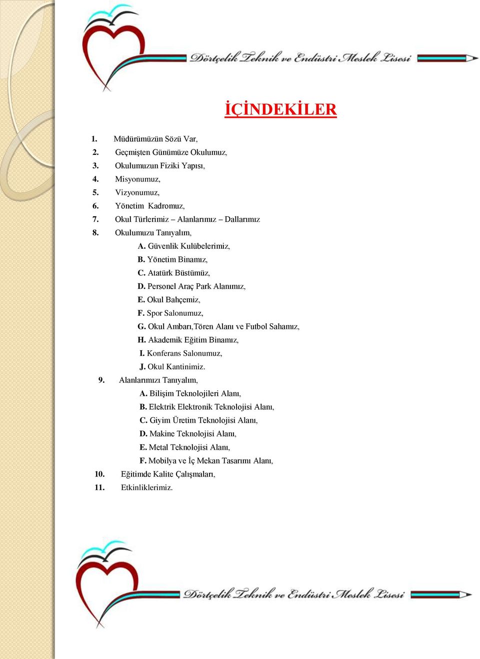 Spor Salonumuz, G. Okul Ambarı,Tören Alanı ve Futbol Sahamız, H. Akademik Eğitim Binamız, I. Konferans Salonumuz, J. Okul Kantinimiz. 9. Alanlarımızı Tanıyalım, A.