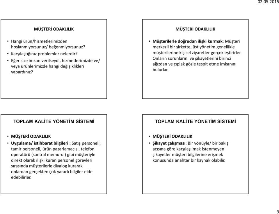 MÜŞTERİ ODAKLILIK Müşterilerle doğrudan ilişki kurmak: Müşteri merkezli bir şirkette, üst yönetim genellikle müşterilerine kişisel ziyaretler gerçekleştirirler.