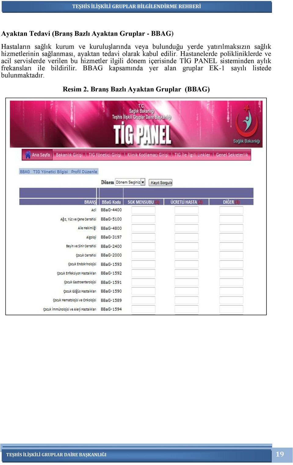 Hastanelerde polikliniklerde ve acil servislerde verilen bu hizmetler ilgili dönem içerisinde TİG PANEL sisteminden