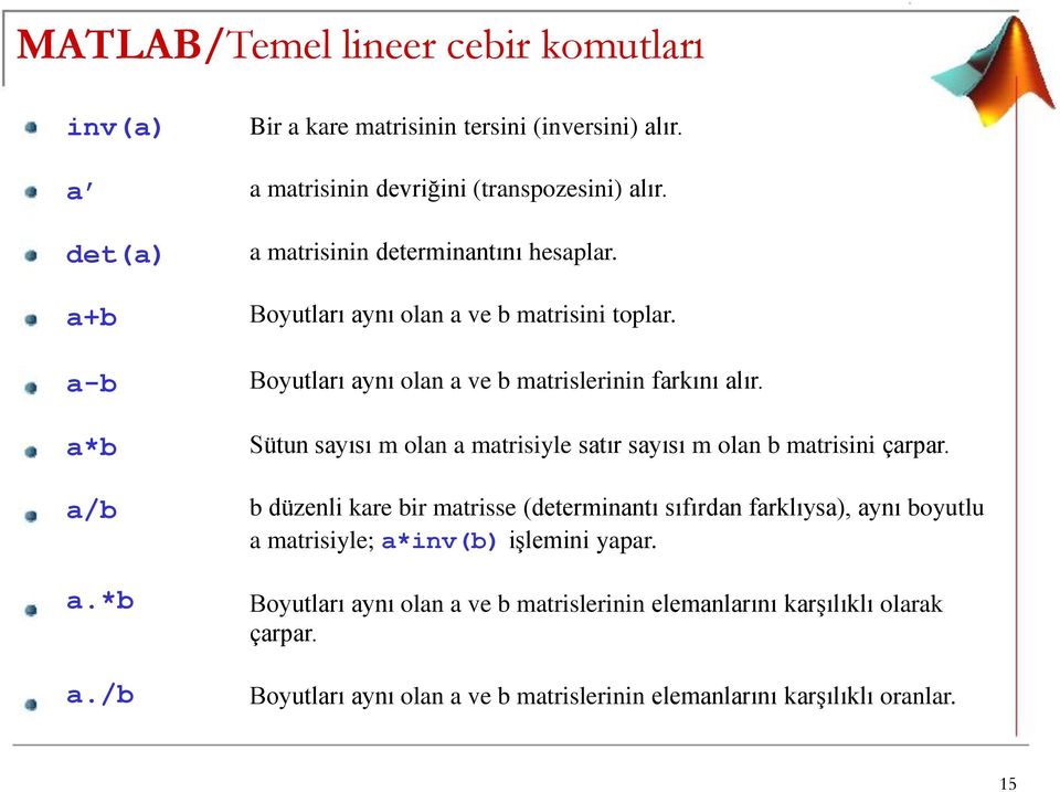 Boyutları aynı olan a ve b matrislerinin farkını alır. Sütun sayısı m olan a matrisiyle satır sayısı m olan b matrisini çarpar.