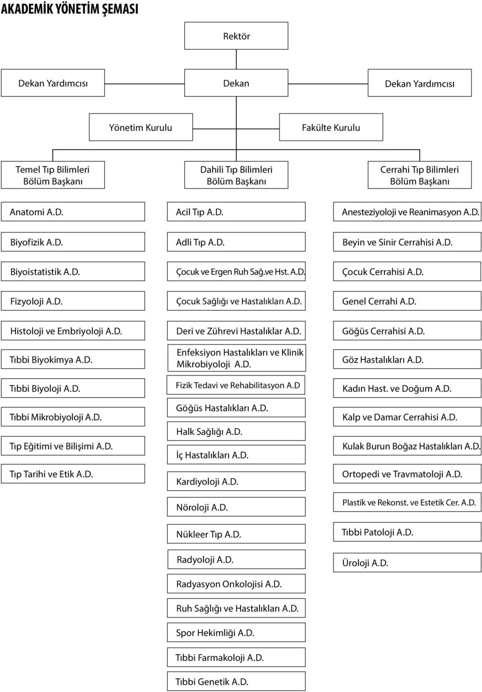 D. Fizyoloji A.D. Çocuk Sağlığı ve Hastalıkları A.D. Genel Cerrahi A.D. Histoloji ve Embriyoloji A.D. Tıbbi Biyokimya A.D. Tıbbi Biyoloji A.D. Tıbbi Mikrobiyoloji A.D. Tıp Eğitimi ve Bilişimi A.D. Tıp Tarihi ve Etik A.