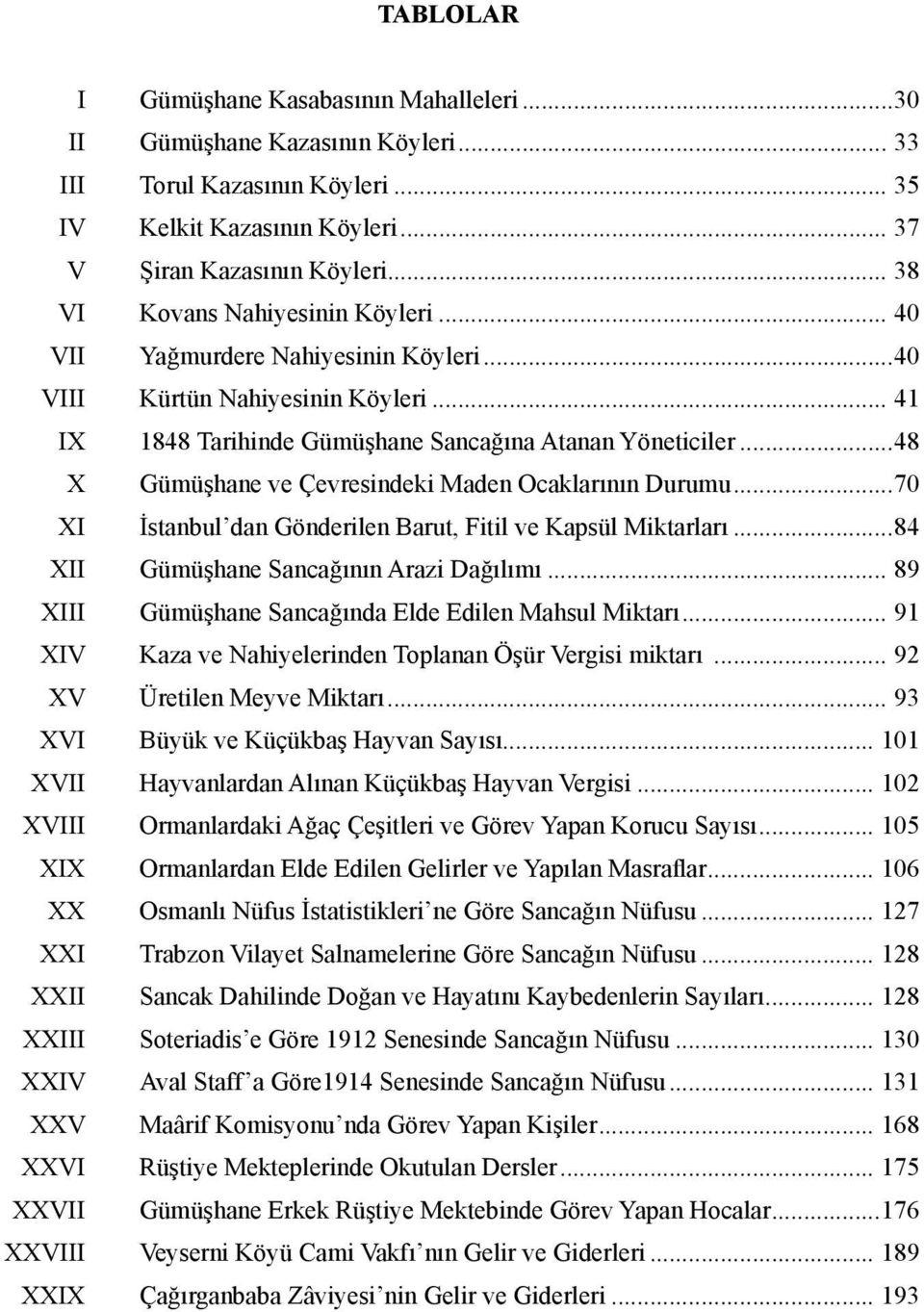 .. 41 IX 1848 Tarihinde Gümüşhane Sancağına Atanan Yöneticiler...48 X Gümüşhane ve Çevresindeki Maden Ocaklarının Durumu...70 XI İstanbul dan Gönderilen Barut, Fitil ve Kapsül Miktarları.