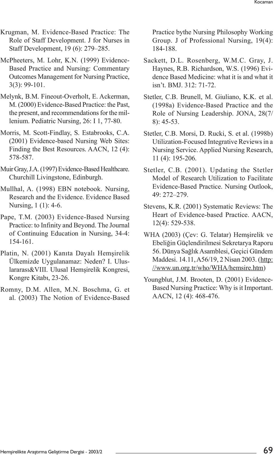 Scott-Findlay, S. Estabrooks, C.A. (2001) Evidence-based Nursing Web Sites: Finding the Best Resources. AACN, 12 (4): 578-587. Muir Gray, J.A. (1997) Evidence-Based Healthcare.