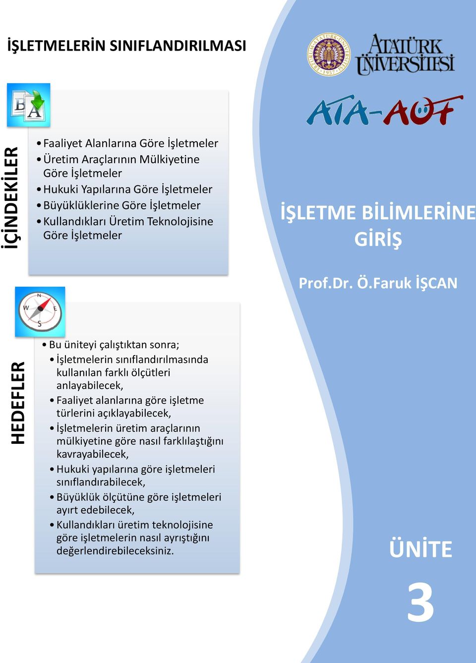 Faruk İŞCAN Bu üniteyi çalıştıktan sonra; İşletmelerin sınıflandırılmasında kullanılan farklı ölçütleri anlayabilecek, Faaliyet alanlarına göre işletme türlerini açıklayabilecek, İşletmelerin