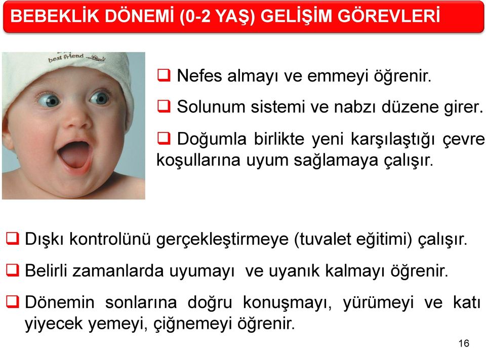 Doğumla birlikte yeni karşılaştığı çevre koşullarına uyum sağlamaya çalışır.