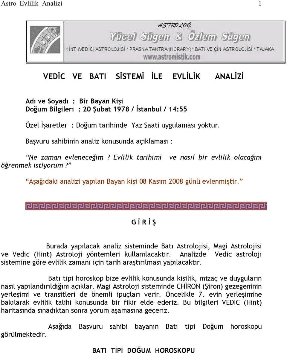 Aşağıdaki analizi yapılan Bayan kişi 08 Kasım 2008 günü evlenmiştir.