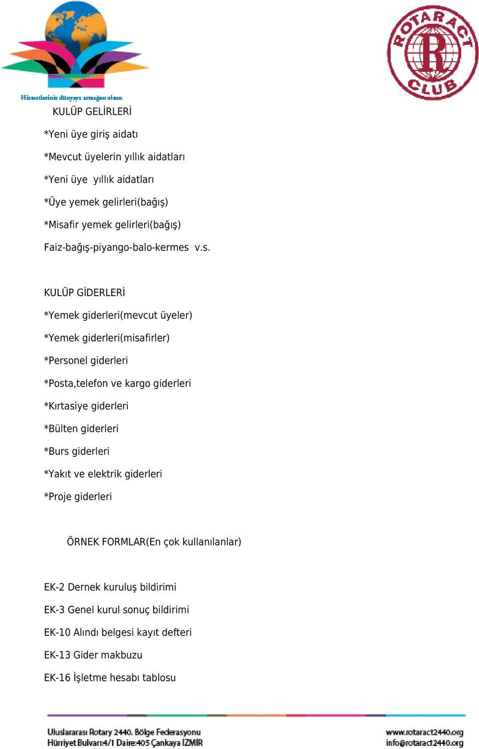 v.s. KULÜP GİDERLERİ *Yemek giderleri(mevcut üyeler) *Yemek giderleri(misafirler) *Personel giderleri *Posta,telefon ve kargo giderleri *Kırtasiye