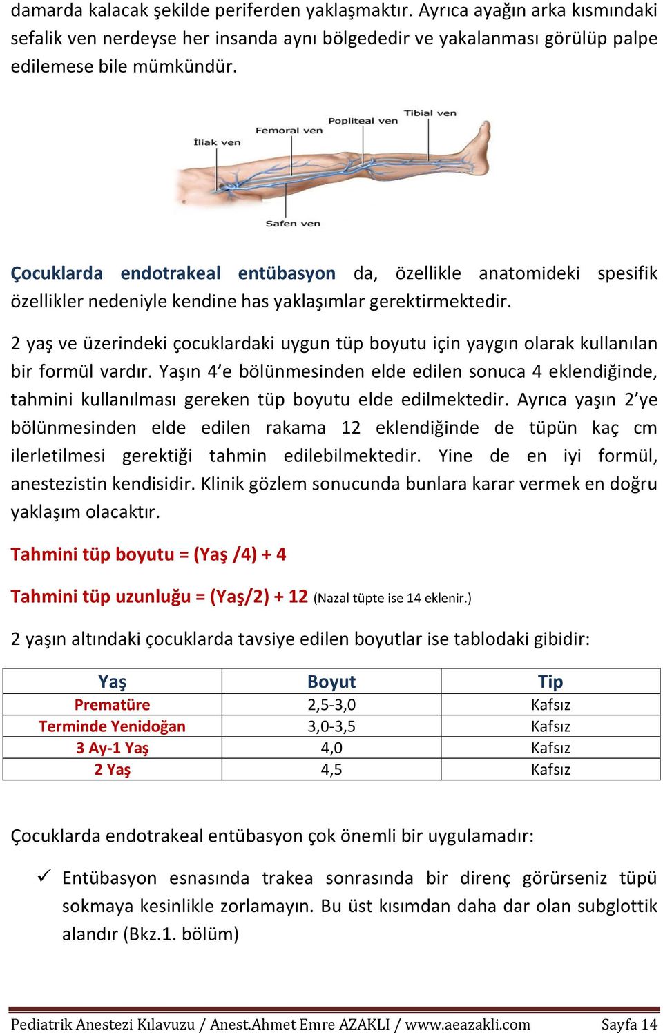 2 yaş ve üzerindeki çocuklardaki uygun tüp boyutu için yaygın olarak kullanılan bir formül vardır.