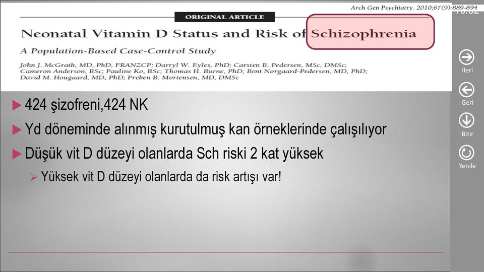 vit D düzeyi olanlarda Sch riski 2 kat yüksek