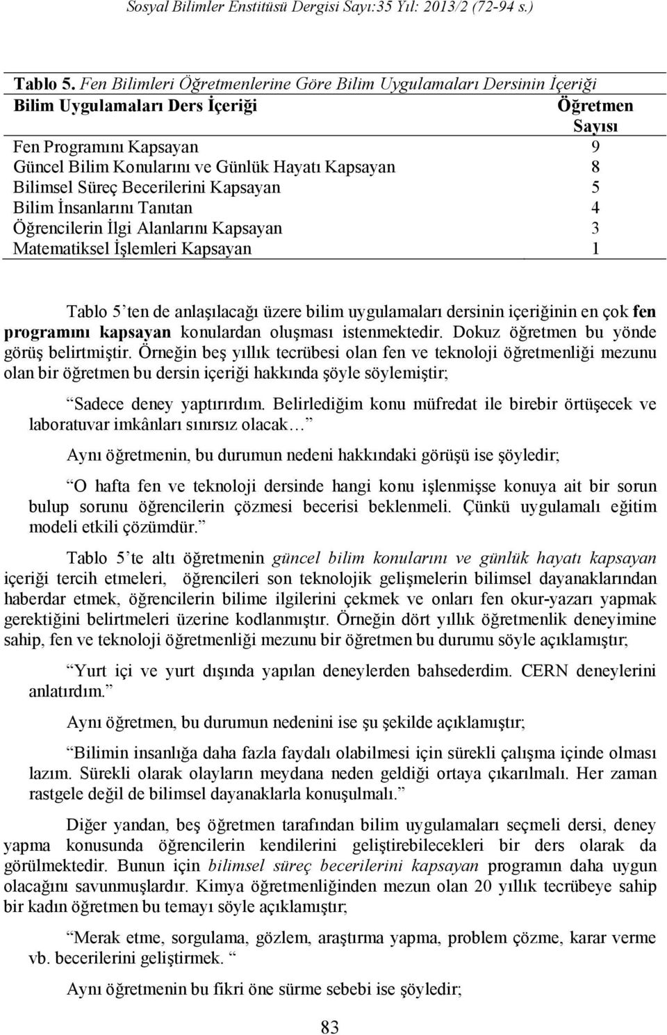 Bilimsel Süreç Becerilerini Kapsayan 5 Bilim İnsanlarını Tanıtan 4 Öğrencilerin İlgi Alanlarını Kapsayan 3 Matematiksel İşlemleri Kapsayan 1 Tablo 5 ten de anlaşılacağı üzere bilim uygulamaları