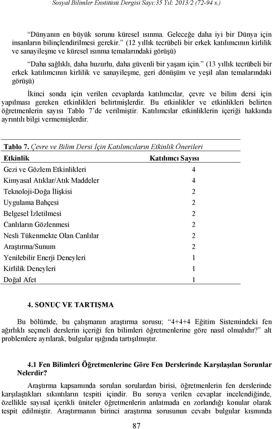 (13 yıllık tecrübeli bir erkek katılımcının kirlilik ve sanayileşme, geri dönüşüm ve yeşil alan temalarındaki görüşü) İkinci sonda için verilen cevaplarda katılımcılar, çevre ve bilim dersi için