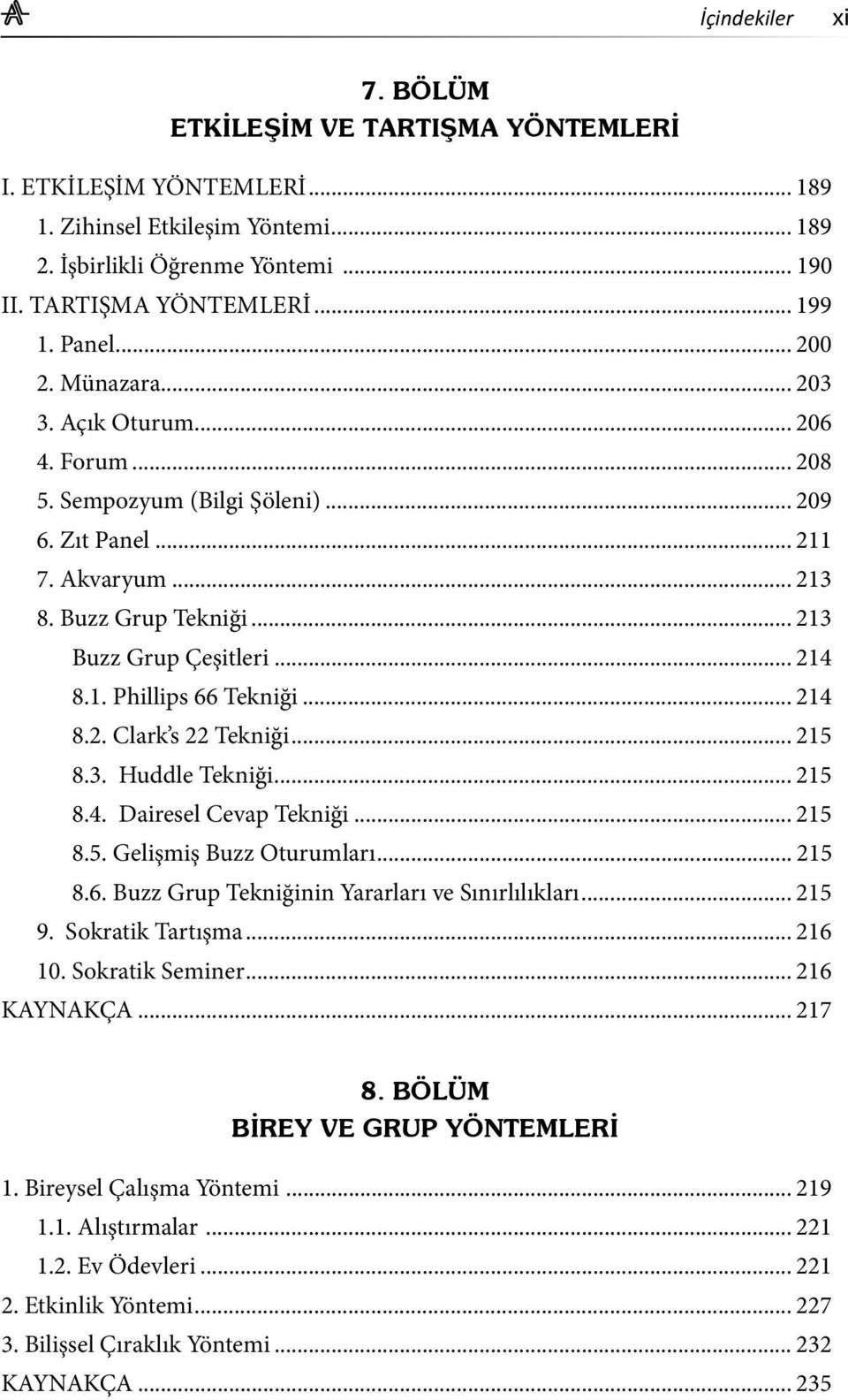 1. Phillips 66 Tekniği... 214 8.2. Clark s 22 Tekniği... 215 8.3. Huddle Tekniği... 215 8.4. Dairesel Cevap Tekniği... 215 8.5. Gelişmiş Buzz Oturumları... 215 8.6. Buzz Grup Tekniğinin Yararları ve Sınırlılıkları.