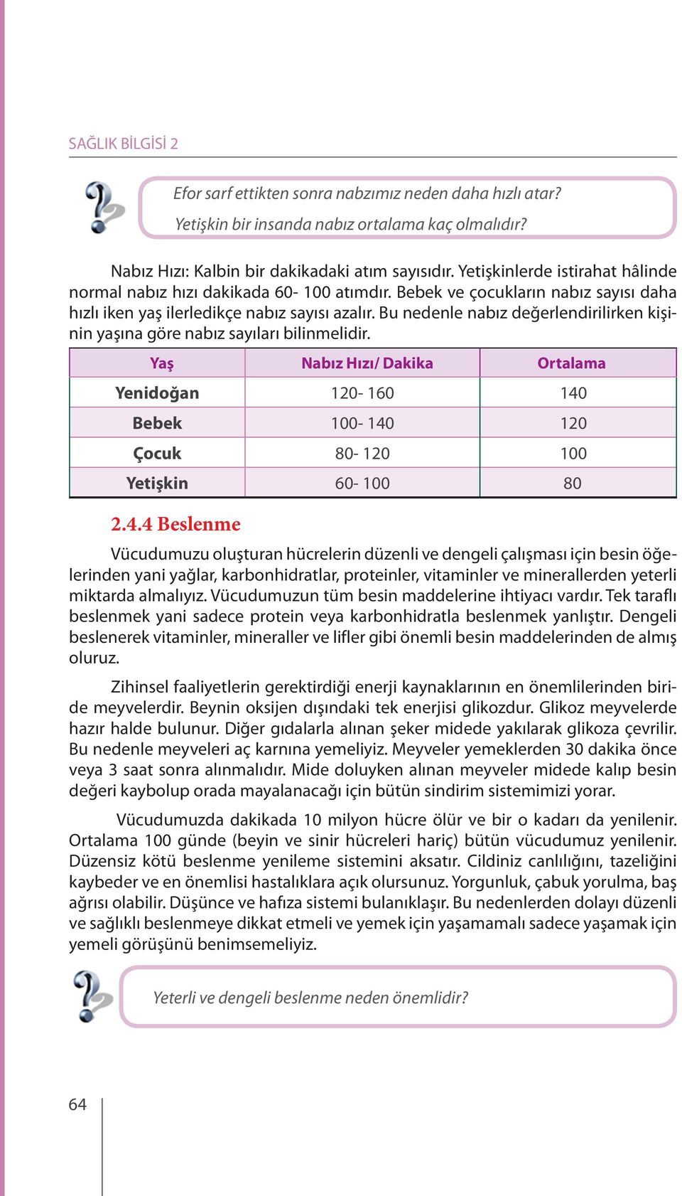 Bu nedenle nabız değerlendirilirken kişinin yaşına göre nabız sayıları bilinmelidir. Yaş Nabız Hızı/ Dakika Ortalama Yenidoğan 120-160 140